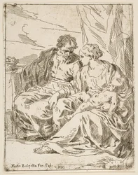 Hvil på flyturen til Egypt, Maria holder spedbarnet Kristus mens St. ..., ca. 1637-1639 eller senere.