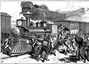 Opprør av jernbanearbeidere ved Martinsburg på Baltimore-Ohio Railroad, USA, 1877