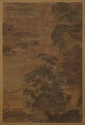 Elvelandskap: fjell, furutrær og bygninger, Ming-dynastiet, 1368-1644.