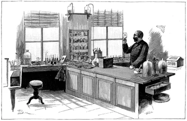 Robert Koch 1843-1910, tysk bakteriolog og lege i laboratoriet hans