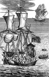 Robinson Crusoe redder mannskapet på et skip i brann til sjøs, c1719