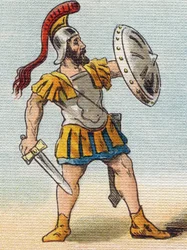 romersk soldat. Gravering i "Alphabet de ma petite fille". Bernardin-Bechet og Fils, bokhandler-forlag, Paris, rundt 1895. Ubrytelig album på lerret. Bibliotheque des Bebes. 12 sider. Album som inneholder en lesemetode og et illustrerende abecedary.