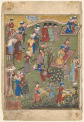 Royal Feast in a Garden recto fra den tosidige fronten til en Shahnama..., 1444.