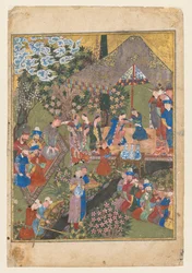 Royal Feast in a Garden, verso av høyre folio fra den tosidige frontispicen..., ca. 1440.