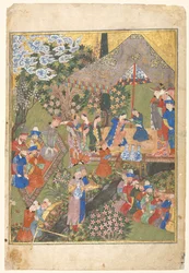 Kongelig mottakelse i et landskap, høyre folio fra en tosidig frontispice..., 1444.