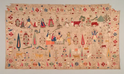 Rumal dekorert med scener av Krishnas liv, 1700-tallet.