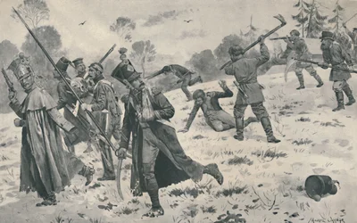 Russiske bønder som angriper franske etternølere, 1812, 1896