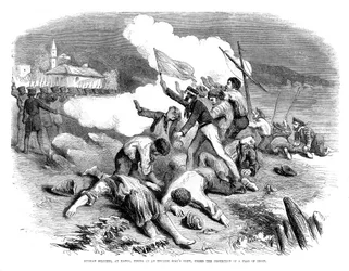 Russiske soldater skyter på et engelsk båtmannskap, under beskyttelse av et våpenhvileflagg, 1855