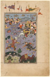 Rustam møter utfordringen til Ashkabus, fra en Shah-nama Book of Kings of Firdausi...c1590-1600.