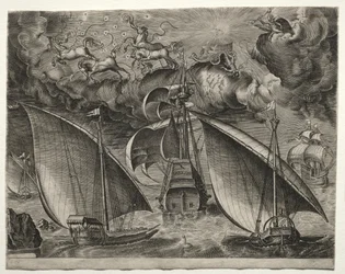 Seilfartøy: To bysser som seiler bak en væpnet tremester med Phaeton..., 1561-65.