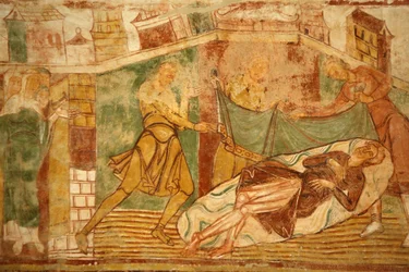 Saint-Savin sur Gartempe klosterkirke Navehvelvmaleri: scene fra Det gamle testamente som involverer Noah Saint-Savin Frankrike