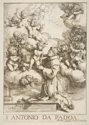 Den hellige Antonius av Padua som tilber Kristusbarnet, kopi etter Cantarini, 1640.