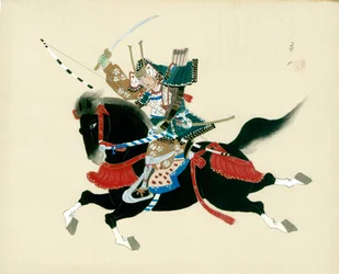 Samuraikrigeren til hest. Et japansk maleri på silke i tradisjonell japansk stil