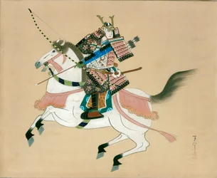 Samuraikriger til hest. Et japansk maleri på silke i tradisjonell japansk stil