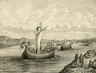 Skandinaviske fartøy som stiger opp i en elv, 1890.