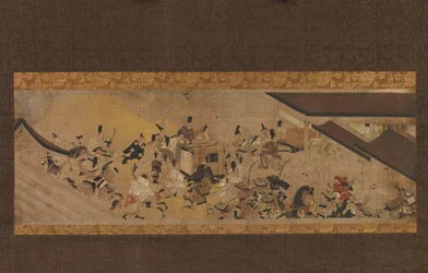 Scene fra Imperial Visit to Rokuhara fra The Tale of the Heiji Rebellion..., 1700-tallet.