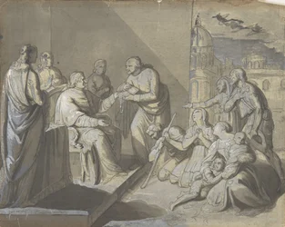 Scene med presentasjon av en helligrelikvie recto, leder av en kvinne verso, 1800-1900.
