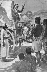 Skotsk oppdagelsesreisende og misjonær David Livingstone forkynner fra en vogn, Afrika, 1800-tallet
