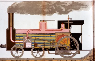 Utsnitt av et dampjernbanelokomotiv fra midten av 1800-tallet, 1882