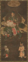 Shakyamuni Triad: Buddha deltatt av Manjushri og Samantabhadra Bodhisattva med Lion, sent på 1300-tallet
