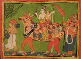 Shiva og Parvati på en sammensatt ku laget av sammensatte kvinner
