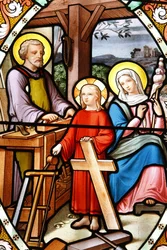 Helligdommen til Vår Frue av la Salette Glassmaleri Jesus i farens verksted, La Salette, Frankrike