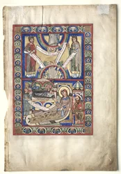 Enkeltblad utskåret fra en evangeliebok: Fødselen recto og St. Matteus verso, ca. 1190.