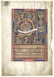 Enkeltblad utskåret fra en evangeliebok med innledende L[iber generationis]: St. Matteus verso, c1190