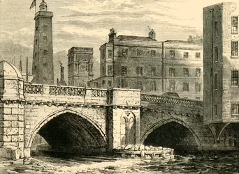 South End av Old London Bridge, med Shot Tower og St. Olaves Church, i 1820, c1878.