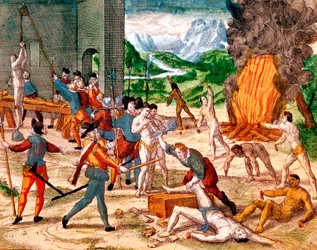 Spanske conquistadorer torturerer amerikanske indianere, 1539-1542