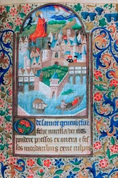St Genevieve ber på tårnene til Notre Dame, Paris, 1400-tallet