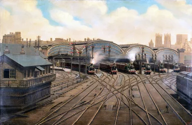 Damplokomotiver ved York Station, Yorkshire, ca 1910