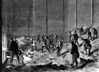 Lagring av is i isolerte skur ved Charless Ice Store, Chelsea, London, 1861
