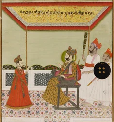 Surat Singh sitter på en løvevæpnet trone og tar imot sin unge sønn, ca. 1800