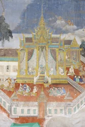 Sylver Pagoda Dette veggmaleriet viser scener fra Reamker, som er den kambodsjanske, eller Khmer, versjonen av det klassiske hinduistiske diktet Ramayana, Phnom Penh, Kambodsja
