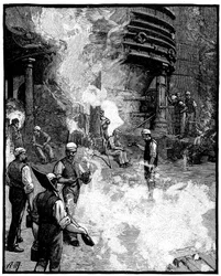 Tapping av masovn og støping av jern til griser, Siemens jern- og stålverk, Wales, 1885