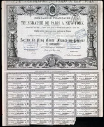 Telegraphy, General Paris-New York Telegraph Share Certificate, 27. mars 1879
