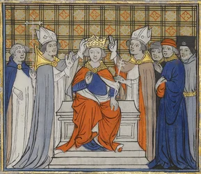 Salvingen og kroningen av Ludvig IV i Laon, 19. juni 936. Fra Grandes Chroniques de France, 15