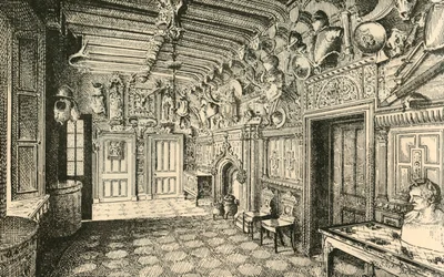 Inngangshallen. -Langs veggen er mange drakter av gammel rustning., 1882.