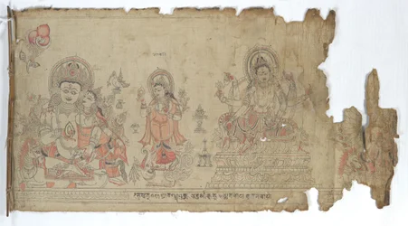 Gudinnen Vasudhara flankert av Kubera og en fragmentarisk Durga, datert 1651.