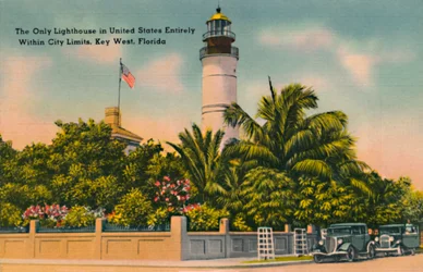 Det eneste fyrtårnet i USA helt innenfor bygrenser, Key West, Florida, c1940-tallet