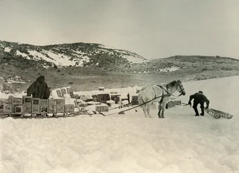 Pont Quan er i ferd med å tegne en sledelast av butikker, c1908, 1909