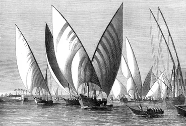 Elven ved Boulak Bridge, Kairo, med dahabeahs som passerer, 1874