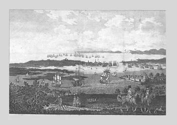 Byen og havnen i Portsmouth med utsikt over hans Majestys Fleet ved Spithead, 1700-tallet.