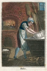 Bakeren elter deigen på lokket til en melbeholder, 1823