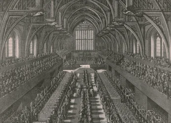 Banketten i den store salen i Palace of Westminster... kroningen av Jakob II i 1685, 1902.
