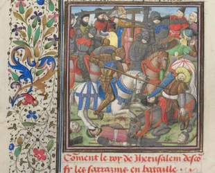 Kampen mellom korsfarerne og saracenerne. Miniatyr fra Historia av William av Tyrus, 1460-tallet