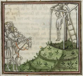 Henrettelsen av Enguerrand de Marigny. Fra Grandes Chroniques de France, 1300-tallet.