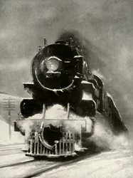 Snøstormens raseri gjør ikke noe inntrykk på dette enorme lokomotivet, 1935.