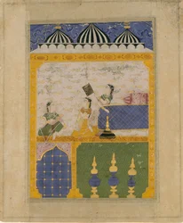 Three Ladies in a Palace Interiør: Side fra en spredt Laur Chanda..., 1520-30.